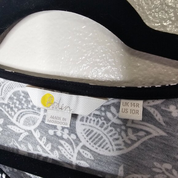 Boden 10 Black White Floral Ruched Mini Dress Tulip Hem Long Sleeve Jersey Knit - Picture 2 of 5